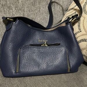 Nicole Miller Blue Leather Shoulder Bag with Gold Hardware